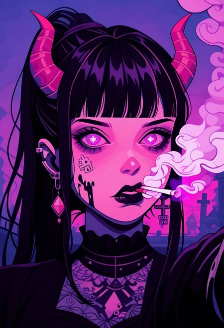 score_9, score_8_up, score_7_up, score_6_up,1girl
hinata hyuga,  black hair, long hair, fringe cut, ponytail hairstyle, purple eyes, soni horn, link horns,
pastel paint, vamp style, taking a selfie, detailed, near to the sea, up a bridge, goth clothes, goth dress, cross earrings, fangs, jewel eyes,cold tones,
goth core, vamp goth, goth style, black dress, lollita dress, smoking a cigarette, cigarette in mouth, melting, vapor, smoke, glitch, horror (theme), glowing, zPDXL2, smoke from eyes, red smoke, horror in the smoke, evil faces, horror, faces in the smoke, evil faces in the smoke, demons in the smoke
 standing,  detailed eyes, beautyfull face, 
outdoor,