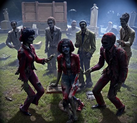 mjthriller zombies having a barbecue in the grave yard, intricate detail, detailed face, very sharp, high quality, (still from an action movie)  <lora:hjmjthriller_v10-000003:0.8>