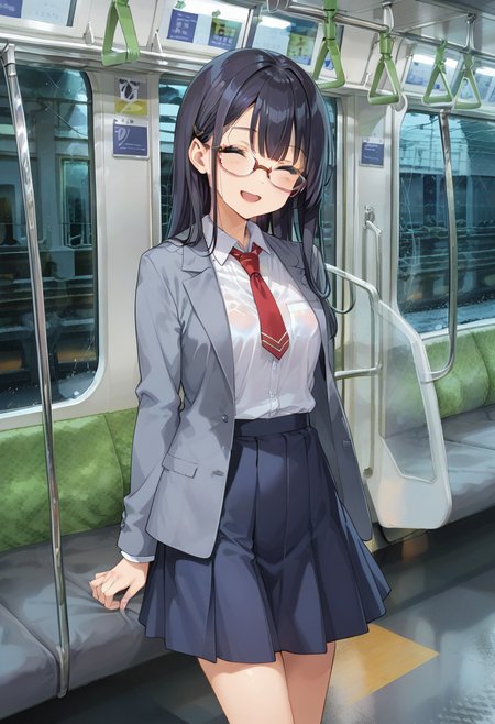 score_9, score_8_up, score_7_up, rating_safe, masterpiece, best quality, absurdres, unity 8k wallpaper, official art, official style, source_anime, game cg, megami magazine,  glasses,
1girl, solo, glasses, black hair, long hair, blue eyes, collared shirt, red necktie, pleated skirt, blue skirt, standing, smile, closed eyes, open mouth,  looking at viewer, 
e235, seat, close-up, scenery, rain, window, train interior, night, indoors, 
<lora:E235_PONY_V1:1>