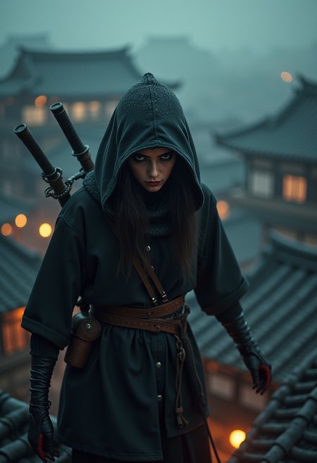 Detailed, masterpiece, professional, bold colors, awe inspiring, photography inspired by Jeremy Mann, 30mm shot, action scene, HDR, female ninja sneaking on rooftops of a feudal Japanese village, spooky atmosphere, dark makeup, stealthy
