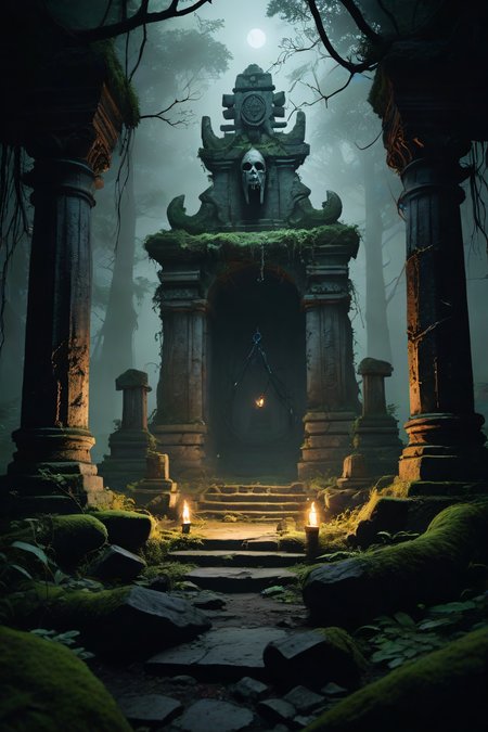 minimalist style Ancient temple ruins overgrown with vines and moss, with an anchor buried deep within the rubble, its rusty surface glowing ominously in the flickering torchlight as a group of angry cultists surround it, their faces twisted in fervent devotion, as if summoning some dark power from the depths of the earth. . simple, clean, uncluttered, modern, elegant