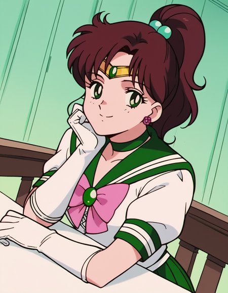 score_9, score_8_up, score_7_up, source_anime, <lora:makoto-kino-s3-ponyxl-lora-nochekaiser:1>, makoto kino, brown hair, circlet, green eyes, hair bobbles, hair ornament, medium hair, ponytail, sidelocks, parted bangs,, back bow, bow, bowtie, brooch, choker, earrings, elbow gloves, flower earrings, gem, gloves, green choker, green gemstone, green sailor collar, green skirt, jewelry, miniskirt, pink bow, pink bowtie, pleated skirt, sailor collar, shirt, short sleeves, sidelocks, skirt, white gloves, white shirt,, indoors, smile, looking at viewer, solo, sitting, head rest, table,, cowboy shot, dutch angle