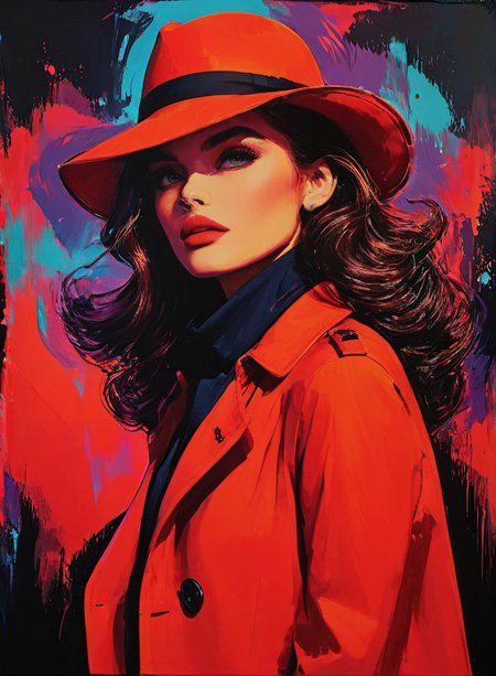 (impactful color paint of) Carmen Sandiago, red hat, trenchcoat, bold color pop, highly detailed, vibrant colors , sharp, professional, clear, high contrast, high saturated, vivid deep blacks, crystal clear <lora:Bold_Pop:1>