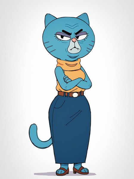score_9,score_8,score_7,source_furry,
<1girl:1.5>,
<solo:1.5>,
wrinkles,
old,
old woman,
elderly,
1girl, mary_senicourt, granny_gumball, solo, skirt, tail, standing, full body, blue skirt, animal ears, furry, black eyes, sleeveless, looking at viewer, cat ears, belt, crossed arms, simple background, cat tail, shirt, blue skin, furry female, closed mouth, colored skin, sleeveless shirt,
<simple background:1.5>,
<white background:1.5>,
 <lora:Mary_Senicourt_Pony_SDXL:1> mary_senicourt
