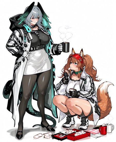 <lora:hitobashira-000033:1> hitobashira \(1746164306\),
(masterpiece), (best quality), (ultra-detailed), amazing quality, very aesthetic, illustration, perfect composition, intricate details, absurdres, incredibly absurdres, shiny skin, realistic,
 hitobashira, tail, gloves, 2girls, pantyhose, multiple girls, black footwear, wings, coat, open coat, open clothes, squatting, white coat, white gloves, , black pantyhose, black gloves, fox ears, long sleeves, head wings, socks, breasts, animal ears, snake tail, brown hair, twintails, tone coat, white background, grey hair, jacket, cup, aqua eyes, long hair, shoes, dress, full body, strap between breasts, fox tail, red hairband, large breasts, shorts, looking at another, simple background, white jacket, white dress, hairband, standing, hand on own hip, black socks, shirt, black belt, multicolored coat, fingerless gloves, open jacket, belt,  cup, black choker, striped clothes, sidelocks, black wings, short dress, smile, fox girl, hooded coat, feathered wings, kneehighs, grey gloves, closed mouth, bag, hood, black shorts, sneakers, pencil dress, hair between eyes, black collar, brown eyes, collarbone, blush, grey footwear, red eyes, collar, medium hair, mug, marshmallow, thighs, parted lips, black shirt, box, sensitive