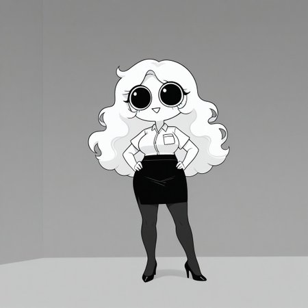 Xiaro, 1girl, solo, monochrome, big eyes, long wavy white hair, white short-sleeved office shirt, black skirt, black pantyhose, black heels
Xiaro smiling with her hands on her hips
 cartoon, simple, minimalist, plain style, voluptuous body, chubby