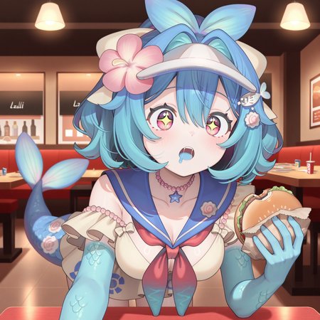 masterpiece, best quality, lazuli, 1girl, blue hair, hair bow, yellow bow, pink eyes, short hair, wide ponytail, medium breasts, fish tail, blue scales, head fins, visor cap, fish hair ornament, hair flower, pearl choker, sailor dress, yellow dress, single off shoulder, neckerchief, blue arms, blue hands, crawling, all fours, saliva, drool, holding burger, sparkling eyes, restaurant, table, pov, looking at object, 