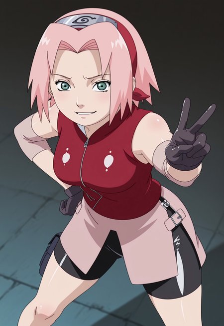 Masterpiece, best quality, dynamic_pose, anime coloring, anime screencap, 1girl, solo, sakura haruno, haruno sakura, short hair, green eyes, pink hair, parted bangs, hairband, forehead protector, mature female, medium breasts, gloves, sleeveless, black gloves, red shirt, zipper, forehead protector, konohagakure symbol, bike shorts, zipper, shiny clothes, latex, one hand on hip, v, looking at viewer, smug, parted lips, cowboy_shot, leaning forward, from above, standing, spread legs, venusbody,