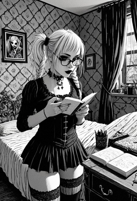 gothic, digital illustration, flat colors, line art, black and white, nerdy 18 year old goth girl writing in her diary, glasses, blond, pigtails, short skrit, inside her bedroom, sexy, creative angle,