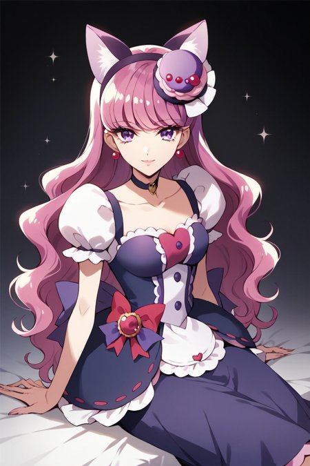 score_9,score_8_up,score_7_up,masterpiece, best quality, source_anime, 1 girl,<lora:Smooth Anime:0.8> sitting, looking at viewer,
<lora:Cure Macaron:0.8> Cure Macaron, Kotozume Yukari, fake cat ears, purple bow choker, macaron hair ornament, red earrings, purple hair, purple eyes, wavy hair, long hair,