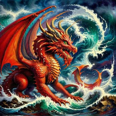 red dragon in the waves art print, in the style of kMji morimoto and abstract, neo-traditional japanese, john blanche, murals and wall drawings, tyler walpole, intense close-ups, absurdist --ar 71:128 --stylize 750 --v 5. 2