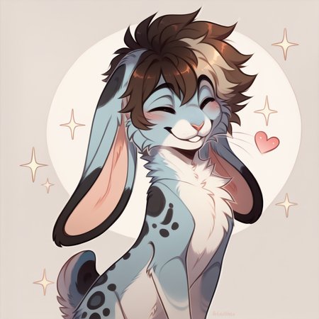 mammal, lagomorph, leporid, rabbit, solo, hair, fur, tail, simple background, <3, ambiguous gender, feral, white body, sparkles, digital media (artwork), eyes closed, multicolored hair, smile, white fur, tuft, curled hair, brown hair, anthro, blue body, grey body, blue fur, markings, spots, piercing, long ears, short tail, grey fur <lora:gosdoq_1.0Pony:1>