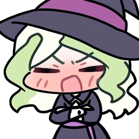by: Miratsu 169 (masterpiece,best quality,absurdres:1.2), vibrant,highly detailed, 1girl, solo, 
diana cavendish, chibi, big head, angry, cowboy shot,closed eyes, open mouth, full-face blush, 
witch hat, floating head,
<lora:miratsu_noob:1>, simple background, white background,