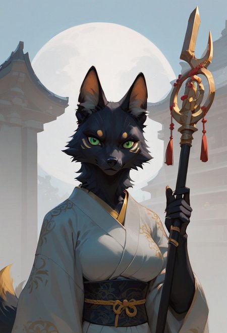 score_9, score_8_up, score_7_up, (1girl), solo Black furry fox  green eyes, dressed in a white and black men's kimono. The fur on the ears and tail is yellow (gold) at the very end. He stands with a staff in a fighting stance. a calm expression on his face. an abandoned Japanese temple. A bright day . Front flare lighting