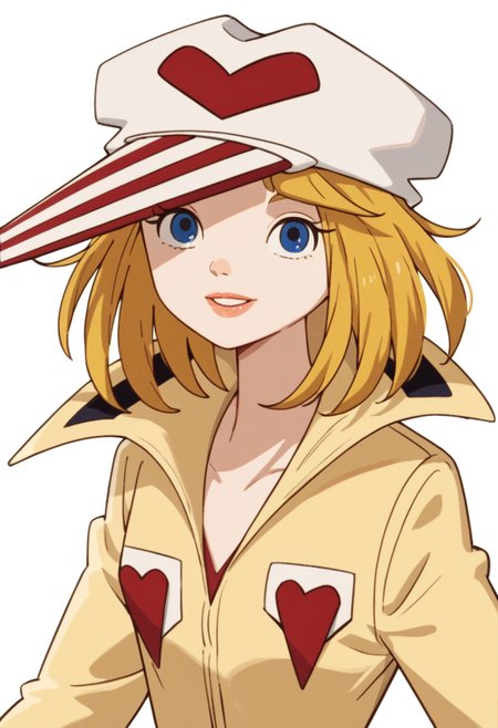 1girl, solo, yatterman2, yellow jumpsuit, hat, blonde hair, blue eyes, parted lips, smile, looking at viewer, white background, score_9, score_8_up, score_7_up, score_6_up, score_5_up, score_4_up, best quality, masterpiece, <lora:Ai_Kaminari__Ai-chan__Yatterman-2_Yatterman__YattÄman_19771979:1>