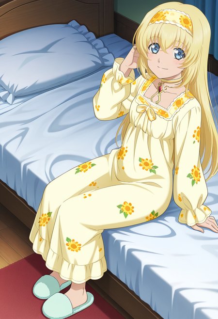 indoor, bedroom,
BREAK,
light smile, sitting on bed, hand in hair,
full body, dynamic angle,
BREAK,
<lora:coletteX2_illustriousXL_v07:0.9>
coletternd, blonde hair, blue eyes, long hair, choker, chest jewel, pajamas, nightgown, floral print, long sleeves, sleep headband, headband, yellow headband, slippers,, source_anime, very aesthetic, anime coloring, masterpiece, 
best quality, amazing quality, ultra detailed, very aesthetic, 
detailed background, 
BREAK,
