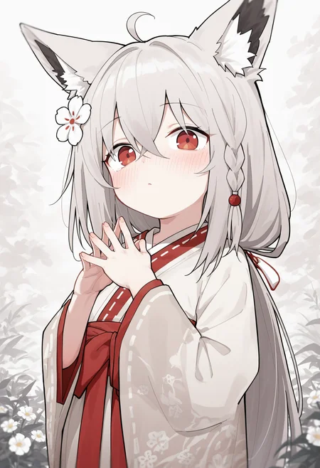 masterpiece,best quality,amazing quality,
1girl, solo, long hair, animal ears, hair ornament, red eyes, blush, very long hair, long sleeves, hair between eyes, looking at viewer, bangs, flower, hair flower, ahoge, animal ear fluff, fox ears, wide sleeves, grey hair, steepled fingers, white flower, braid, hands up,
 <lora:Healthyman_epoch_10:1>