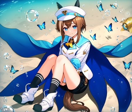 score_9, score_8_up, score_7_up, source_anime BREAK
shobufuku, 1girl, solo, long hair, looking at viewer, smile, bangs, blue eyes, brown hair, shirt, gloves, long sleeves, hat, animal ears, closed mouth, tail, full body, white shirt, multicolored hair, boots, shorts, socks, cape, kneehighs, white headwear, black shorts, white footwear, horse ears, horse girl, (black socks), glowing blue butterfly, horse tail, bubble, underwater, hugging own legs, air bubble, 
<lora:cheval_grand-ponyXL:0.8>,