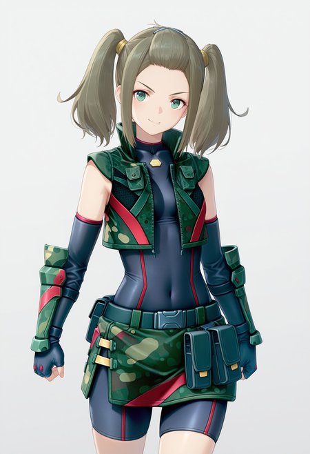 masterpiece, best quality, good quality, 1girl, solo, xenoblade, unitard, camouflage vest, camouflage skirt, utility belt, fingerless elbow gloves, arm guards, green eyes, shania, bangs pinned back, x hair ornament, twintails <lora:shania illustrious 006 fro 999:1>