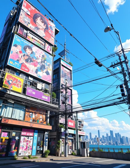 <lora:CWWalls1fluxb:1> wabkg, animation world, animation style. By the sea, in a cyberpunk city, on the surface of cyberpunk buildings and on illuminated billboards on buildings there are colorful drawings of japanese animation characters and adds. Day with blue sky and white clouds. Street. Shops. From side. Vegetation. Beautiful blue sea scenery. Cityscape in the far background. Wires.