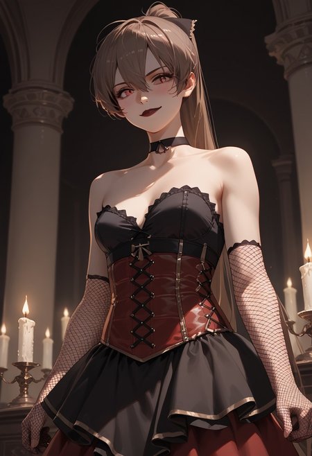 score_9, score_8_up, score_7_up, score_6_up, masterpiece, best quality, absurdres, cinematic, dynamic angle, perfect composition, solo, 1girl, medium breast, jean bart, red eyes, brown hair, very long hair, high ponytail, bangs, hair between eyes, hair bow, black choker, lace corset, black choker, velvet skirt with high slit, dark lipstick, fishnet gloves, candles, victorian furniture, mysterious smirk, moody lighting, smile, blush, looking at viewer,