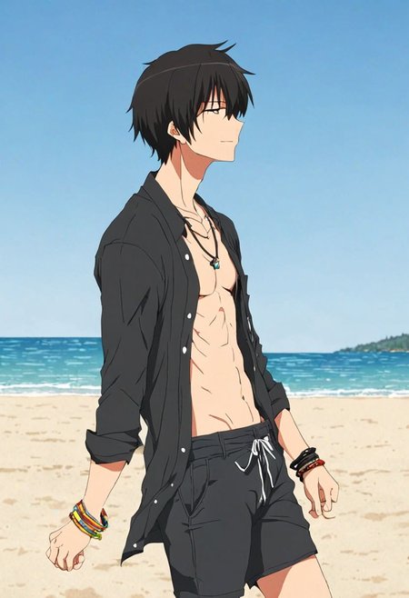 high resolution, solo, best quality, 1Boy, Kanie Seiya, Black Hair, beach, calm, clear sky, candid, open shirt, shorts, sixpack, necklace, bracelet, OverallDetail