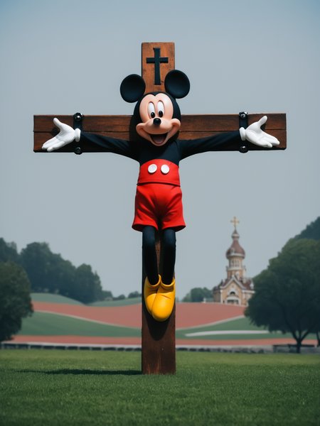 realistic a painting of Mickey Mouse by Crvgg, crucifixion, dramatic lighting, outdoors, <lora:Cartoon_pack_3:0.7>, <lora:crucifixionponyxl1-10-8dim:0.7>  <lora:caravaggio_XL_resize:0.7>, crvgg,