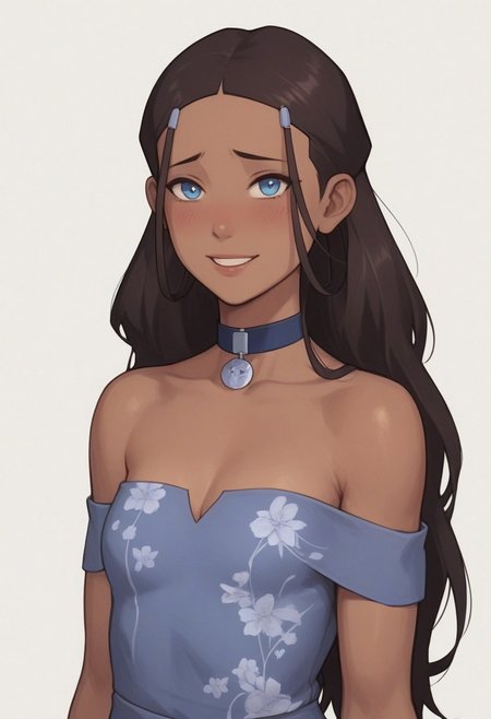women;
handsfree, , cleavage natur,   bare shoulders, collar bone,
score_9, score_8, score_7, high quality, high detail, masterpiece, sharp lines, blush, small breasts, looking at viewer,  shy smile
 <lora:AsuraV2:0.5>,  <lora:princess_xl_v2:0.25>,  <lora:Smooth Anime Style LoRA XL:0.5>,  <lora:g0th1cPXL:0.5>,
 <lora:katara-book2-ponyxl-lora-nochekaiser:0.5> katara, dark skin, choker, dark-skinned female, brown hair, long hair, shoulder hair, blue eyes, hair ornament
dress floral, lacing detail on dress,