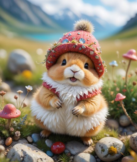 tilt-shift photo of  . selective focus, miniature effect, blurred background, highly detailed, vibrant, perspective control, natural  Tilt Shot  (Whimsically artistic)    , adorable extra (fluffy: 1.3) chubby miniature pika wearing an adventurer hat,  dry grassland, tiny rocks, magical,  macro photography, (enchanting:1.3), (luminous:1.2), (oversized flora:1.1), mystical, vibrant photography, shimmering light, dreamy, whimsical, serene, soft-focus, hyper-detailed digital art
