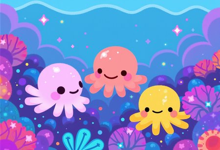 pikaole of three cute octopuses in the ocean