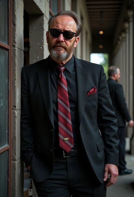 masterpiece, looking at viewer, Hyperrealistic, dynamic angles, multiple angles, photoshoot poses; A photo of Behemoth-fluxgym, a man with hair, he is wearing a black suit with a red and white pinstripe tie, he is standing in bell tower observing his target, he is wearing sunglasses, well-lit environment, subsurface scattering,  a playful and whimsical, perfect hand, hand, detailed hand,niji style,retro50s_style,

