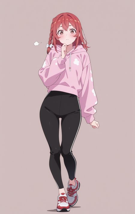 masterpiece,best quality,newest,absurdres,highres,
front view,full_shot,Annoyance,looking_at_viewer,
<lora:SakurasawaSumiCYQL:1>,SakurasawaSumiCYQL,1girl,solo,red hair,braid,single braid,hair bow,brown eyes,blush,cropped leggings, lightweight sleeveless hoodie, running shoes, gloves,
full body,standing,hand_on_own_chin,,
light_brown background,simple background,
<lora:spo_sdxl_10ep_4k-data_lora_webui:0.5>,<lora:EtherSDXL:0.6>,EtherStyle,<lora:illustrious_quality_modifiers_masterpieces_v1:0.7>,