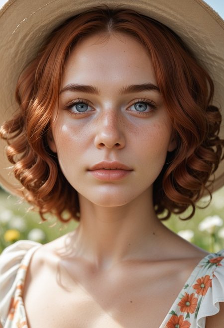score_9, score_8_up, score_7_up, aesthetic, close-up, volumetric lighting, blushing, perfect eyes, female, best quality, high detailed, 
1 girl from Britain, petite redhead female 22 years, freckled face, curly hair, wearing a floral dress, standing in a meadow, wildflowers around, holding a sunhat, bright sunny weather