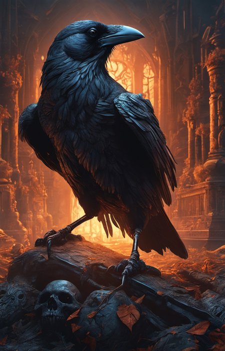 (dark magic), (grim), the raven, (intricate details), (hyperdetailed), 8k hdr, high detailed, lot of details, high quality, soft cinematic light, dramatic atmosphere, atmospheric perspective