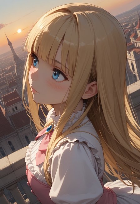 (score_9, score_8_up, score_7_up), 1girl, solo,( blonde hair), blue eyes, long hair, hime cut, long bangs, small breasts,  pink corset, frills, white dress, sunrise, 
(face focus, close-up:1.4), rooftops, mansion, city, pink boots,
fisheye, (relaxed, dutch angle:1.2),
looking away, blush, from behind, standing, from above, from side, cowboy shot,