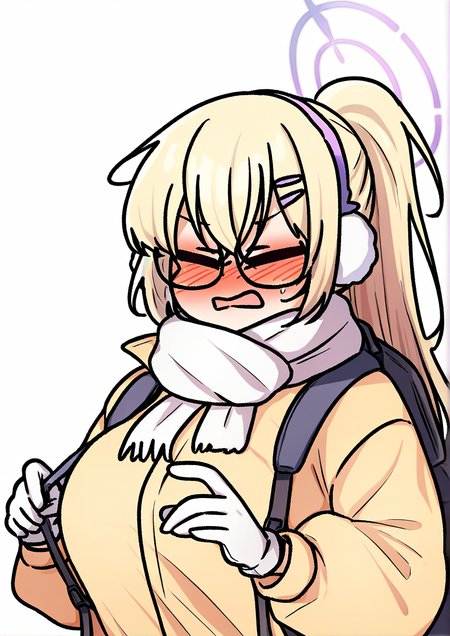 <lora:feelition:1.2>,1girl, kotama (blue archive), kotama (camp) (blue archive), huge breasts, backpack, bag, blonde hair, blush, closed eyes, crossed bangs, earmuffs, glasses, gloves, hair ornament, hairclip, halo, jacket, long hair, long sleeves, official alternate costume, open mouth, ponytail, puffy long sleeves, puffy sleeves, purple halo, scarf, solo, upper body, white gloves, white scarf, yellow jacket, very awa, masterpiece, best quality, newest, highres, absurdes,amazing quality