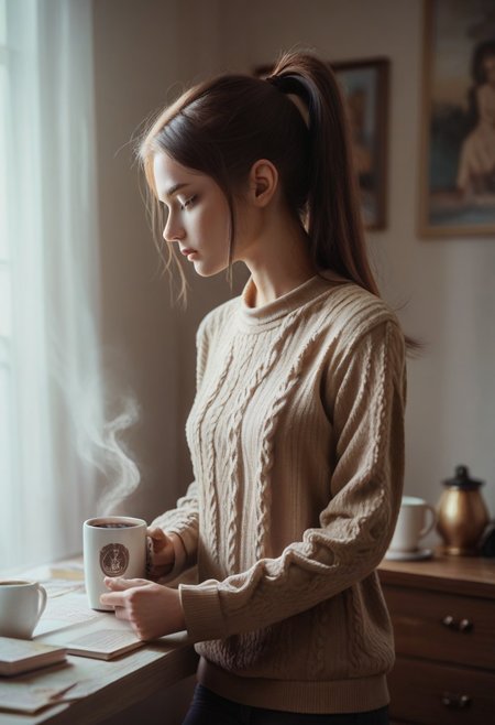 score_9, score_8_up, score_7_up, score_6_up, NSTLG, photorealistic, masterpiece, best quality, high res, 20yo female, long hair, brown hair, hair in ponytail style, slender, bedroom, fit sweater, golden hour, detailed, look away, coffee, mug