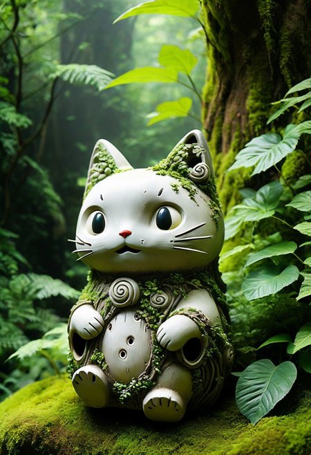 Craft a narrative for the captivating image: a diminutive, ancient forest spirit ghost reminiscent of Studio Ghibli's enchanting characters. This weathered terracotta statue, resembling a spectral being with echoes of Hello Kitty from Sanrio, stands resilient amidst the verdant expanse of a timeless jungle. Illuminate the mystique of this ethereal presence and the harmonious juxtaposition with the lush surroundings, evoking the essence of a Studio Ghibli masterpiece.