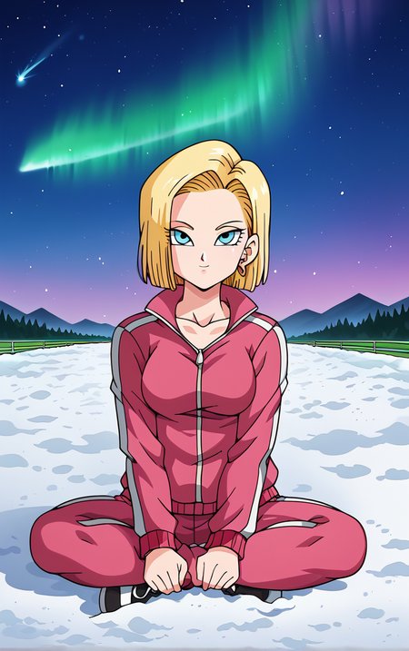 score_9, score_8_up, score_7_up, BREAK
TrackSuit_Android18_ownwaifu, android 18, 
1girl, blonde hair, blue eyes, eyelashes, forehead, short hair, earrings, jewelry, breasts, collarbone, 
pink jacket, pink pants, track suit, track jacket, track pants, long sleeves, pants, zipper,
(sitting, looking up), aurora, shooting star,  star \(sky\), winter, snow, night, scenery, outdoors,  <lora:PONYXL_DragonBall_Android18_ownwaifu:0.75> , depth of field, solo,