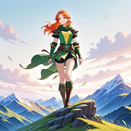 1girl, Windranger, kneehigh boots, wind blown clothing, looking out into the distance, top of a mountain <lora:Windranger Illustrious-000007:1>