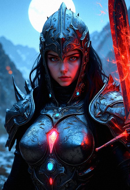 Envision a close-up of a female dark warrior in intricately designed armor, the metal gleaming with both moonlight and an internal, supernatural glow. The armor is detailed with spikes and jagged edges, with red and blue orbs embedded within the chest and shoulders, pulsing rhythmically. The helmet covers most of the face, leaving only the eyes visible, her beautiful crimson eyes that seems to pierce through the night. The figure’s sword, a massive weapon bathed in red flames, reflects on the polished metal, casting shadows and illuminating the faint engravings that run along the edges of the armor. Behind the warrior, the full moon hangs low in the sky, surrounded by swirling red and blue energy clouds that seem to pulse in time with the orbs on the armor.
Jagged mountains in the background, barely visible under the moonlight, adding a sense of scale.Jagged mountains in the background, barely visible under the moonlight, adding a sense of scale.

The close-up captures the tension and raw power of the scene, with every detail of the armor and weapon meticulously rendered, giving a sense of both ancient craftsmanship and otherworldly strength.Head angled slightly to the right, her intense gaze focused forward, as the flames illuminate the engravings on her armor.
Embedded Crystal Veins – Red and blue crystal veins branching out from the orbs, giving a fractured look.

