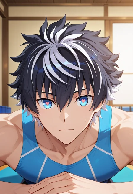 masterpiece, best quality, intricate details, anime screencap, anime coloring, official style, looking at viewer, 1boy, solo, male focus, <lora:charlemagne_fate_ilxl:0.9>, charlemagne_fate, black hair, blue eyes, multicolored hair, white hair, two-tone hair, short hair, hair between eyes, bangs, streaked hair, , straight-on, gym, indoors, yoga, heart eyes,