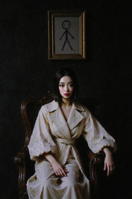 talo1 painting.
Close up of a woman seated on an antique, dark wooden chaise longue. The woman is of East Asian descent with a fair complexion and black, straight hair styled in a sleek bob. She is dressed in an avant-garde, white, oversized coat with voluminous sleeves that are tied in a dramatic, asymmetrical knot. 
The background is a deep, dark black, creating a dramatic contrast with the woman's outfit and the light source. Above her, on the dark wall, hangs a classical painting--except, instead of a traditional scene, it is a crayon drawing, done by a child. The crayon drawing features a simple stick figure with a round head, straight lines for arms and legs, and a big smile. 
 <lora:talo1_cap_d6a3e15:1.0><lora:828773562782438901:0>