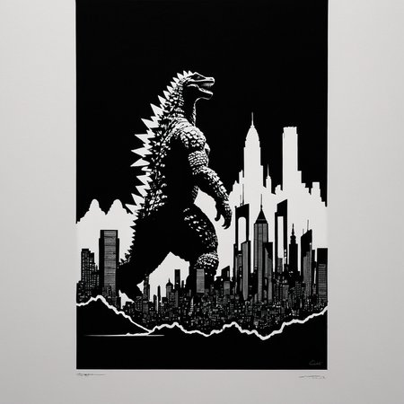 PStyl3, cityscape, negative space, godzilla, abstract,  <lora:Maximalist_Drawing_BW-000014:0.7>