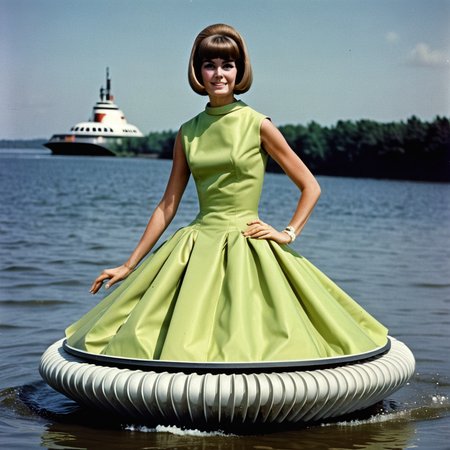 1960s color photograph of A woman wearing a hovercraft dress