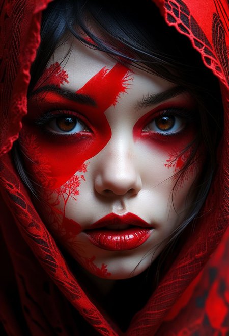 Close-up face, mysterious silhouette of an exotic girl in worn down clothing, red cosmetic over face goddess, alluring, by Minjae Lee, Carne Griffiths, Emily Kell, Steve McCurry, Geoffroy Thoorens, Aaron Horkey, Jordan Grimmer, Greg Rutkowski, amazing depth, double exposure, surreal, geometric patterns, intricately detailed, bokeh,  perfect balanced, deep fine borders, artistic photorealism , smooth,  great masterwork by Suiras  <lora:add-detail-xl:2>  <lora:Double_Exposure:0.5>