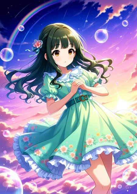 sfw, general, 
<lora:Fujii_Tomo_1607655:0.6>, fujii tomo, brown eyes, dark green hair, long hair, 
idolmaster, idolmaster cinderella girls, green dress, floral embroidery dress, pastel colors, colorful, star \(sky\), night sky, 
<lora:soap-bubble-fantasy-04:0.7>, soap bubble background fantasy, rainbow bubbles, 
<lora:on_cloud_v1_illustrious_d:0.7>, on_cloud, cloud, <lora:brightness_slider:-1>,, BREAK
masterpiece, best quality, amazing quality, very aesthetic, absurdres, newest, 
 <lora:Eyes_High_Definition:0.6>, eyesHD, high gradient eyes, detailed eyes, high definition eyes, 
<lora:LECO_Particles:1>, 
BREAK, general, dutch angle, oblique view,  dynamic pose,