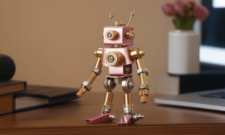 <lora:vintagemechcd_xl-000012:0.8>,a simple-structured female robot sculpture with nut and bolt made of vintagemechcd_xl standing on wooden table,desktop ornament,detailed,hi-res photo,humanoid robot,pink and gold theme,solo,no humans,close-up,microspur,indoors,living room,simple background, emotional,harmonious,high budget,moody,epic,gorgeous,perfect lighting,realistic,photorealistic,photographic,photo (medium),real,moody lighting,volumetric lighting,reality ray tracing,8K,HDR,UHD,masterpiece,best quality,highly detailed,high resolution,finely detail,extremely detailed,ultra detailed,wallpaper