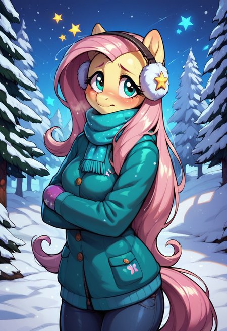 score_9, score_8_up, score_7_up, score_6_up, semi-realistic artwork, detailed background, high quality, vibrant colors, best quality rendering, intricate details, high resolution, sharp focus, best render quality, (background-winter forest, snow, night, stars, glowing stars), close up view, focus on face,
1girl, solo, Fluttershy (anthro pony), 18 yo, long hair, narrow shoulders, skinny, shiny skin, small perky breasts,
wearing a winter coat, scarf, mittens, fluffy winter earmuffs,
dynamic pose, shivering, 
shy, blush, blushing, embarrassed, looking back at viewer, hot breath,