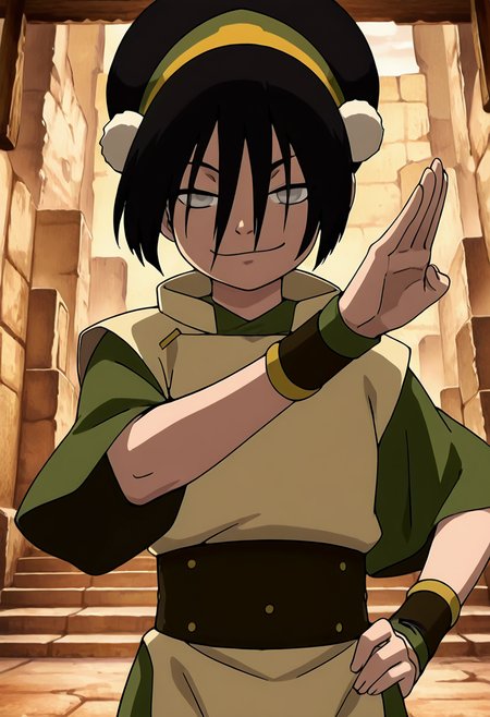 masterpiece, best quality, 1girl, solo,   zzToph, grey eyes, blind, hair between eyes, short hair, black hair,    yellow hairband, wristband, chinese clothes,   smile, hand on hip, smug, (dynamic pose), , <lora:TophAvatar_IXL:1.0>,